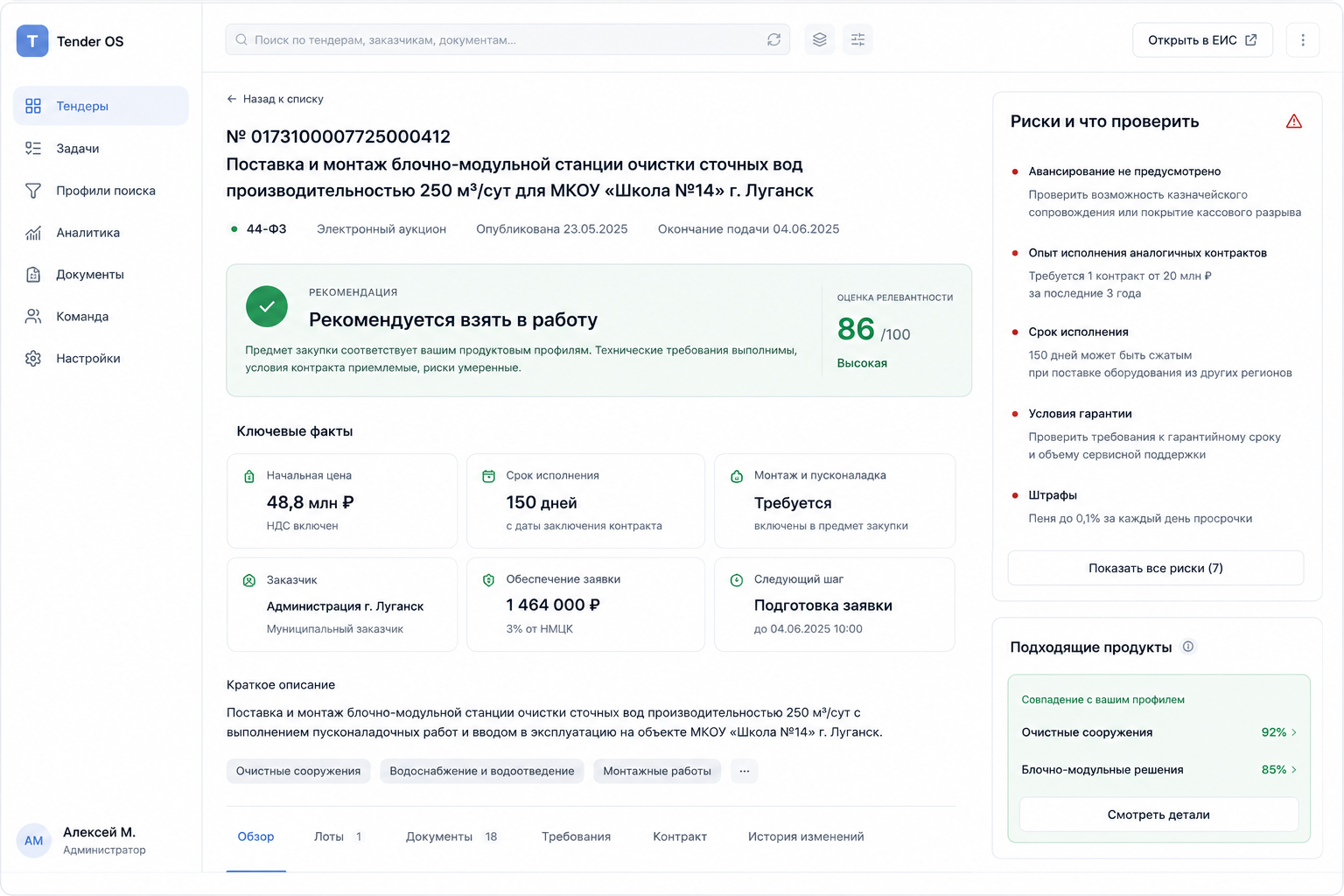 Карточка тендера с рекомендацией, оценкой релевантности, рисками и подходящими продуктами
